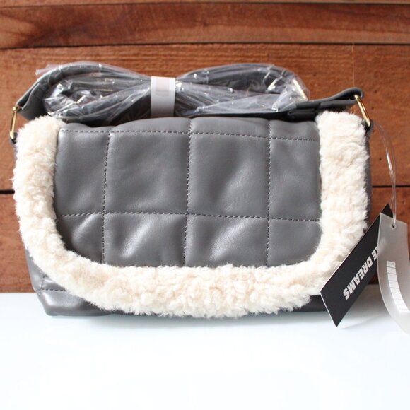 LIKE DREAMS Gray Quilted Shoulder Bag Faux Shearling Trim Winter Crossbody NWT - Picture 1 of 7
